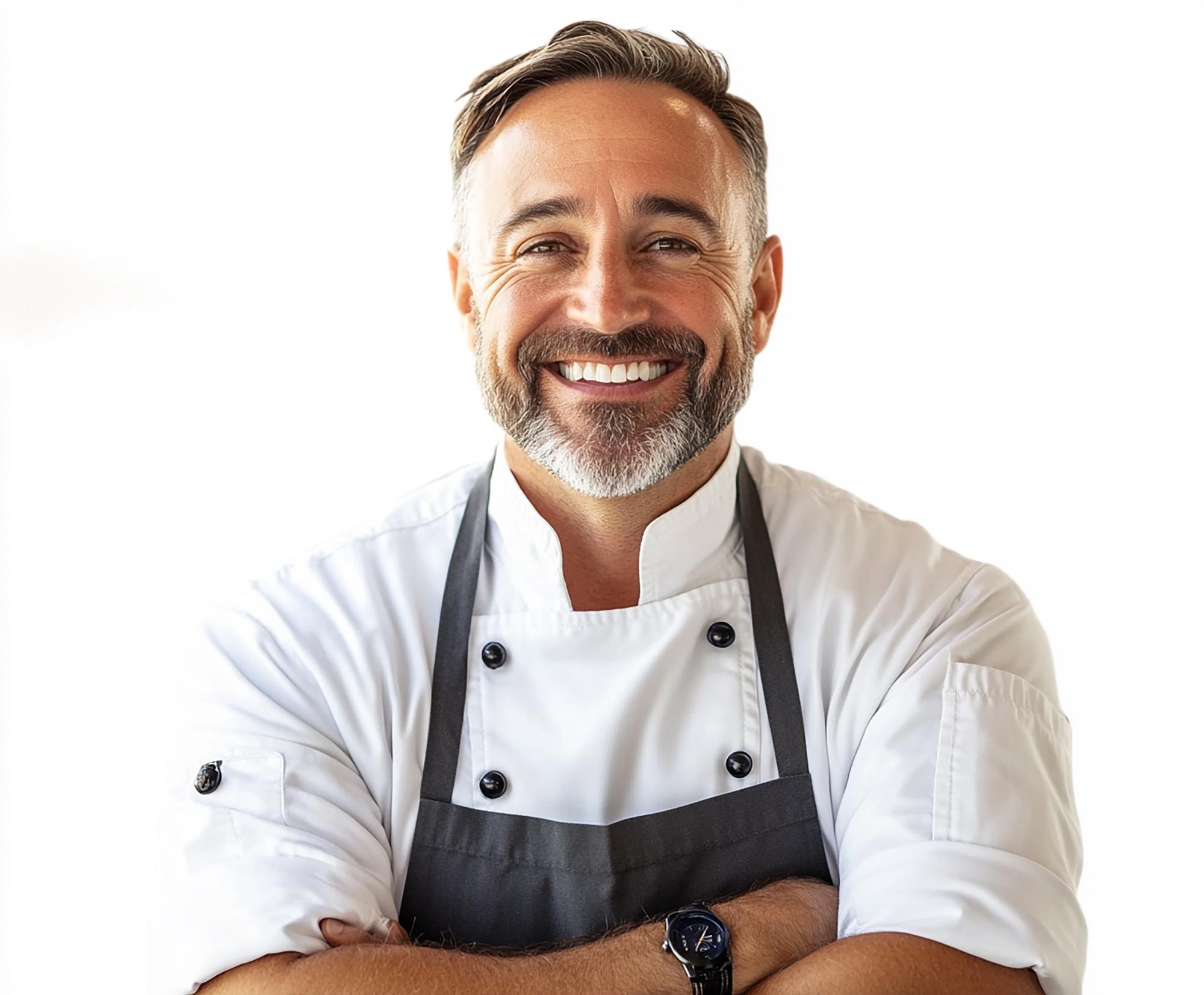 Ritratto di chef che sorride durante una lezione online